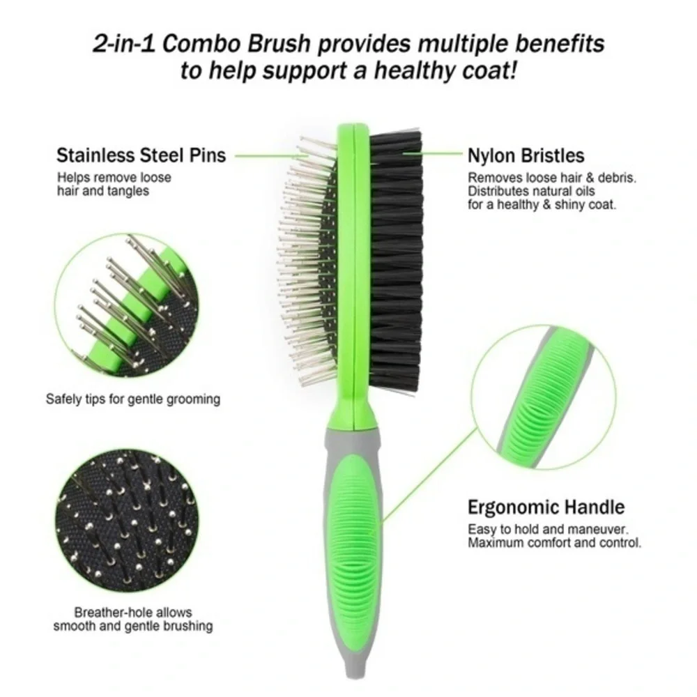 Dog Brush for Shedding Two Sided Lime Green Rubber Grip 2 in 1 Pet Brush
